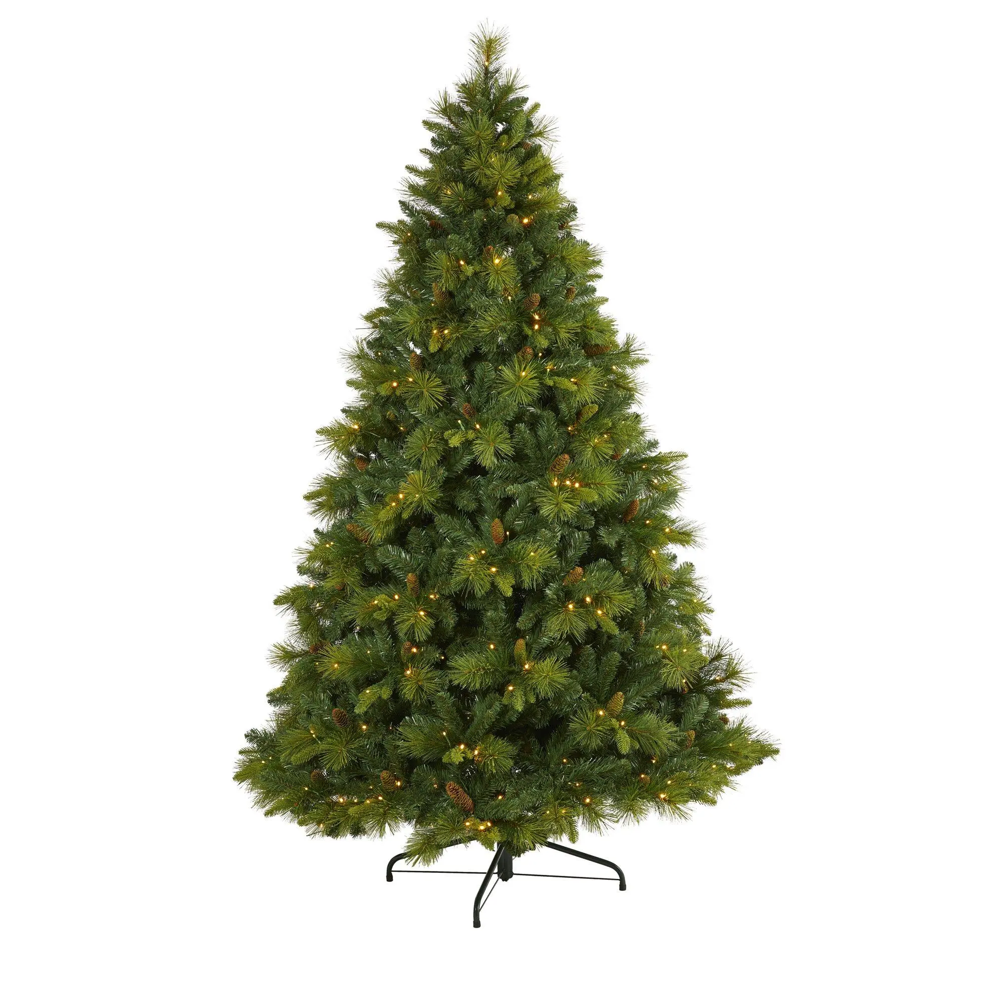 Traditional 7.5’ North Carolina Mixed Pine Artificial Holiday Christmas Tree with 470 Warm White LED Lights, 1895 Bendable Branches, and Pinecones
