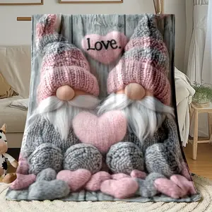 1Pc Gnomes With Hearts Portable Blanket - Lightweight Throw For Sofa, Bed, Travel & Camping - Soft Warm Digital Print Jacquard Fabric, All-Season Cozy Blanket With Playful Gnome Design, Machine Washable, Gnome Blanket, Sofa Throw, Whimsical Design, Durabl