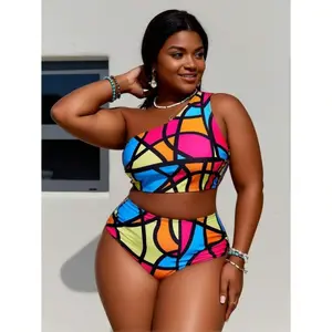 Plus Size Bikini Set - One Shoulder Stained Glass Print Swimsuit - High Waisted Bathing Suit For Women - Stretchy Swimwear 14W-22W