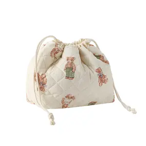 Cute Cotton Bear Quilted Makeup Bag, Soft Plush Drawstring Cosmetic Pouch,Kawaii Bear Travel Toiletry Bag, Aesthetic Bear Print Organizer, Perfect Mother’s Day Gift for Mom, Daughter, Sisters , Friend, Teen Girl