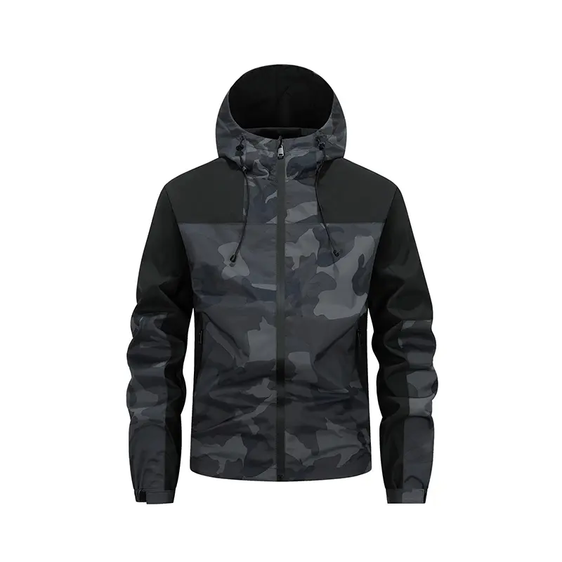 Men’s camouflage color-block hooded windbreaker with full zip, water-resistant outdoor hiking jacket