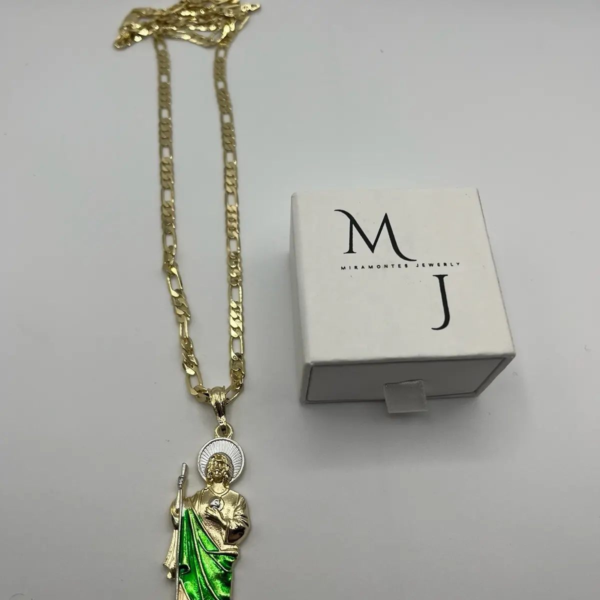 14k gold plated San Judas necklace (green color )