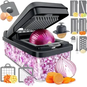 New Deal - 12-in-1 Vegetable Chopper - Gray Food Chopper with 7 Blades, Egg Separator & Finger Guard, Includes Onion Chopper & Cucumber Slicer