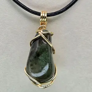 Moss Agate Crystal Pendant Wired Wrapped in Gold Plated Copper with Leather Necklace  adjustable to turn into a Coker for Unique Jewelry