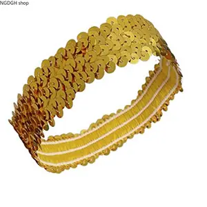 Gold Sequin Headband - Trendy Sparkling Gold Coin Sequins Wide Headband with Yellow Ribbon Scalloped Edge, Lightweight Shimmering Adjustable Hair Accessory for Women, Perfect for Festival Party Wedding Photoshoot Summer Beach & Glam Boho Looks