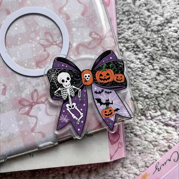 Halloween Bow MagSafe Phone Grip, Spooky Purple Skeleton & Pumpkin Magnetic PopSocket, Cute Coquette Bat Phone Holder, Spooky Season Accessory