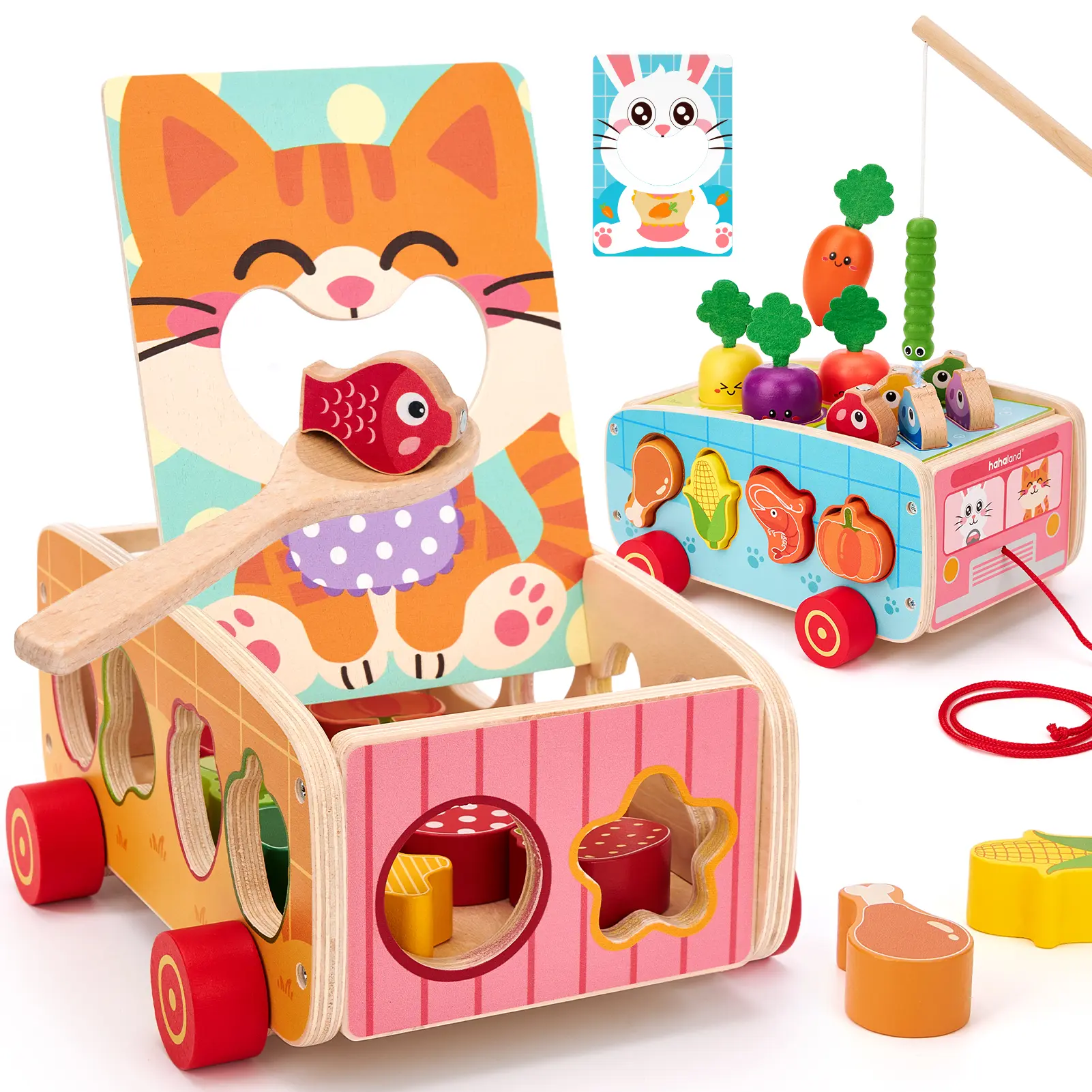 hahaland Montessori Toys for 1 Year Old Girl Gifts, Wooden Toddler Toys 1-3 | Pretend Feeding Toy, Shape Sorter, Color Sorting, Magnetic Fishing, Pull Along Bus, Fine Motor Skills Game 1st Birthday Gifts