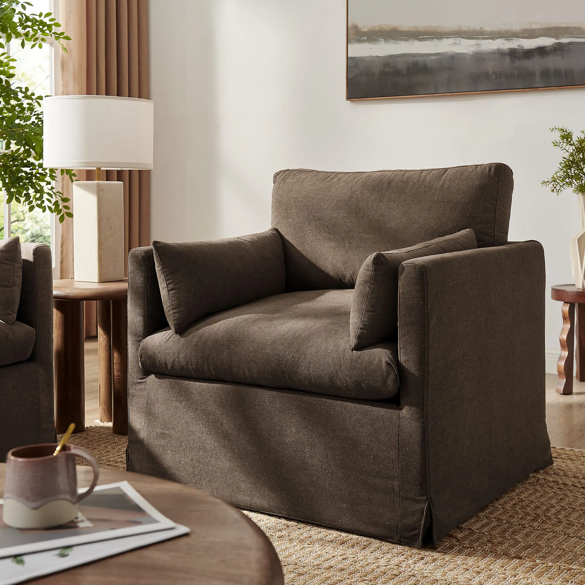 Wellfleet Slipcovered Linen-Blend Armchair in Cocoa