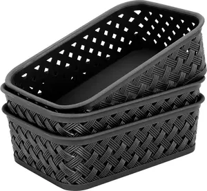 MaxGear Organization and Storage 3 Packs, Plastic Bins Organizer Bins, Woven Baskets for Storage, Plastic Baskets with Handles, Black Basket for Organizing, Basket Organizer for Home and Office, Small