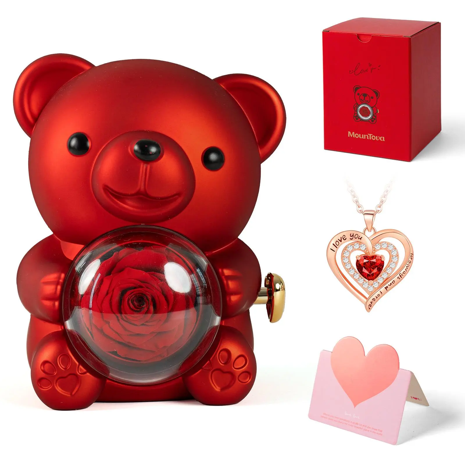 Red rose bear+heart necklace+gift box+card 
