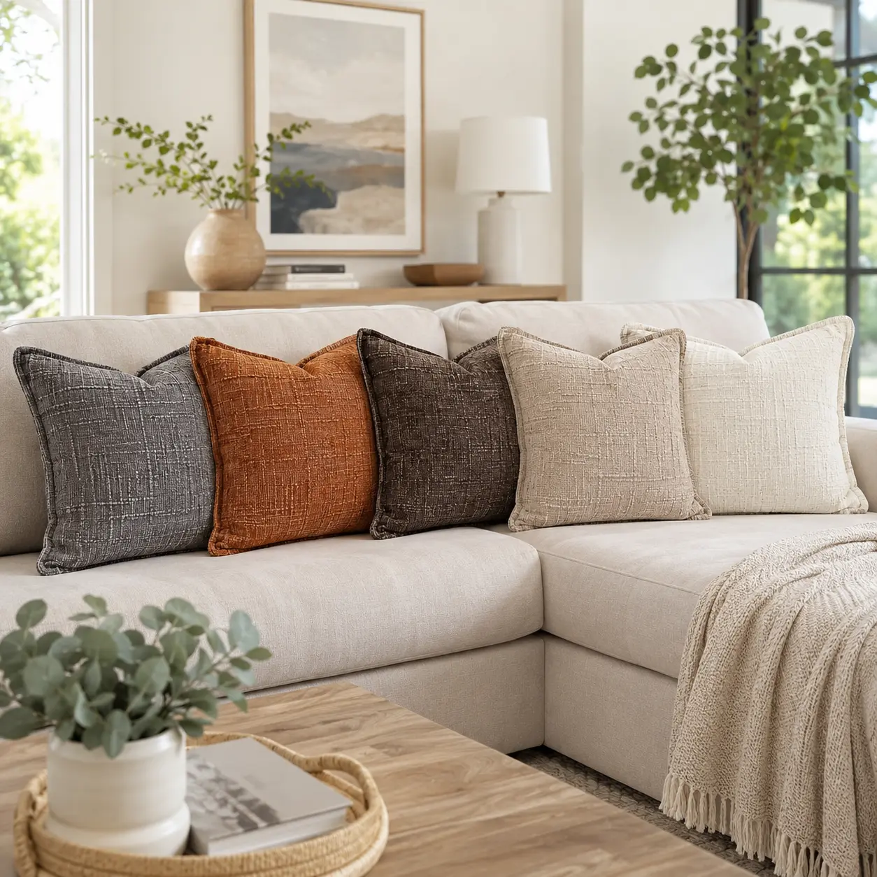 Textured Chenille Decorative Pillow Covers Set of 2, 18 x 18 Inch Square Throw Cushion Covers with Concealed Back Zipper and Tailored Piped Trim for Living Room, Bedroom and Couch
