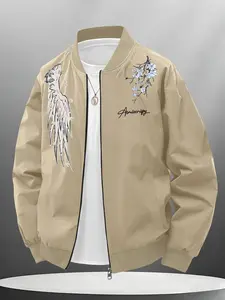 Trendy Men's Light Sakura Feather Pattern Baseball Jacket, Casual Loose-Fitting Long Sleeve Outerwear, Street Style Coat for All Seasons