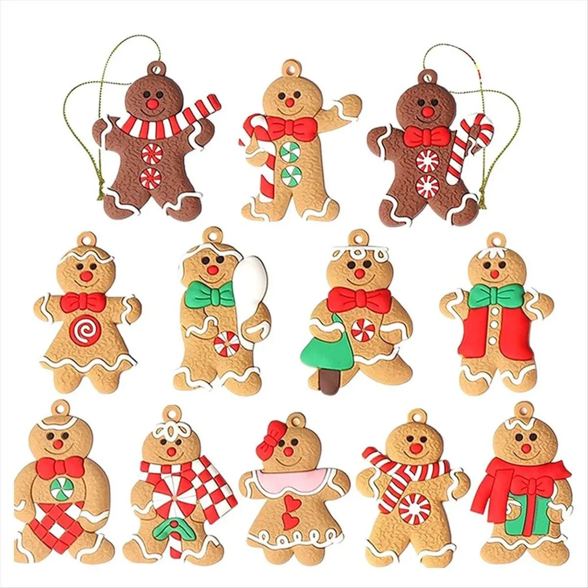 12 Pack Gingerbread Man Ornaments, Assorted Traditional PVC Christmas Tree Decor, 7cm Durable and Hangable Figures with String Hanger for Gift Tags, As Shown, Teachers, Set, Decoration, Plastic, 7 X 5Cm