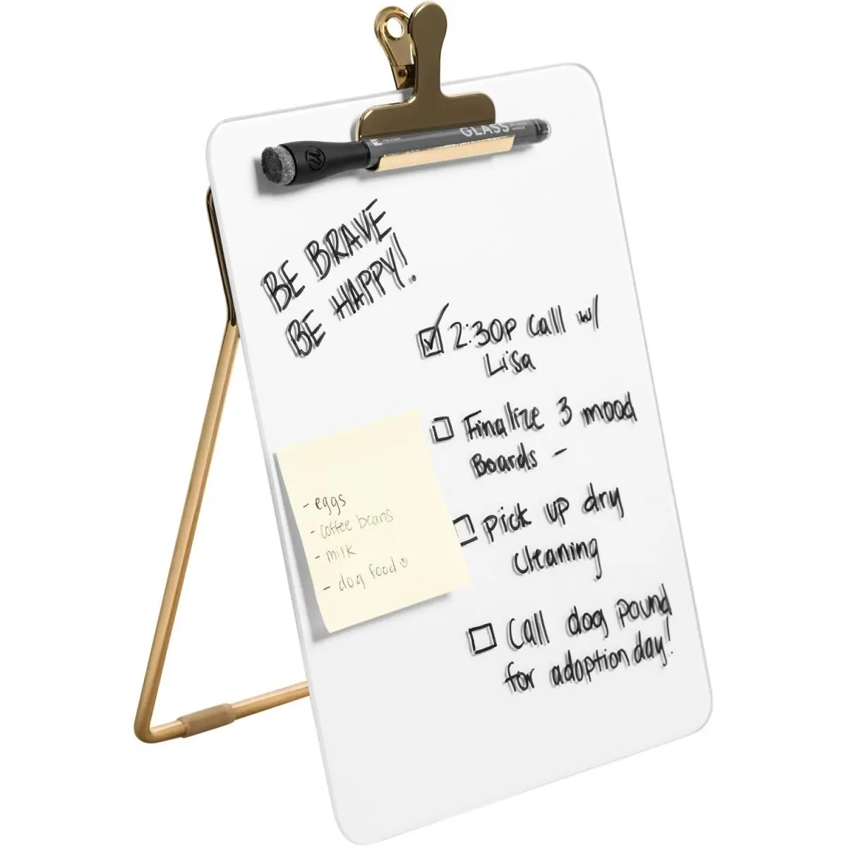 U Brands Tempered Glass Smudge-Proof Dry-Erase Desktop Easel - 11.7" x 8.5" x 2" Elegant Rectangle Board with Removable Clip, Gold Finish Coaches' Sports Accessory for Home, Classroom
