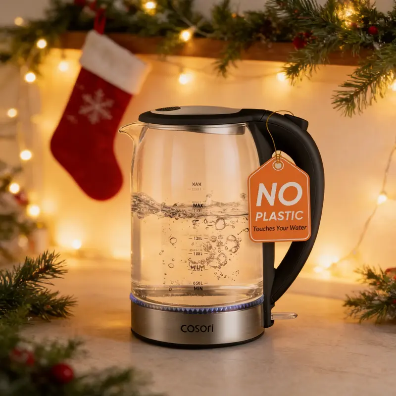 COSORI Electric Glass Kettle, 1.8Qt/1500W, No Plastic Filter & Spout, Auto Shut Off, Black, Hot Water Boiler for Coffee&Tea, College Dorm Essential GK-172/173