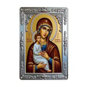 1pc Golden Virgin Mary & Baby Jesus Icon Tin Painting with Intricate Silver Frame Metal Tin Sign - Rustic Iron Wall Art for Home, Office, Cafe, Bar, and Garage Decor - Easy to Hang, Versatile for Holiday and Seasonal Decorations
