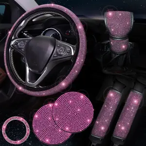 7 Pack Bling Car Accessories Set for Women Girl, Diamond Steering Wheel Cover Set 15 inch,Seat Belt Cushion,Gear Shift Cover, Pink Bling Ring,Car Coasters,Pink