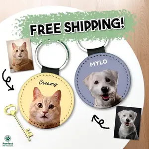 Pawfect Pet Treasures Custom Pet Photo Keychain Personalized Dog Cat Portrait Name Leather Picture Keyring Charm Anniversary Memorial Loss Gift Him Her Mom Dad