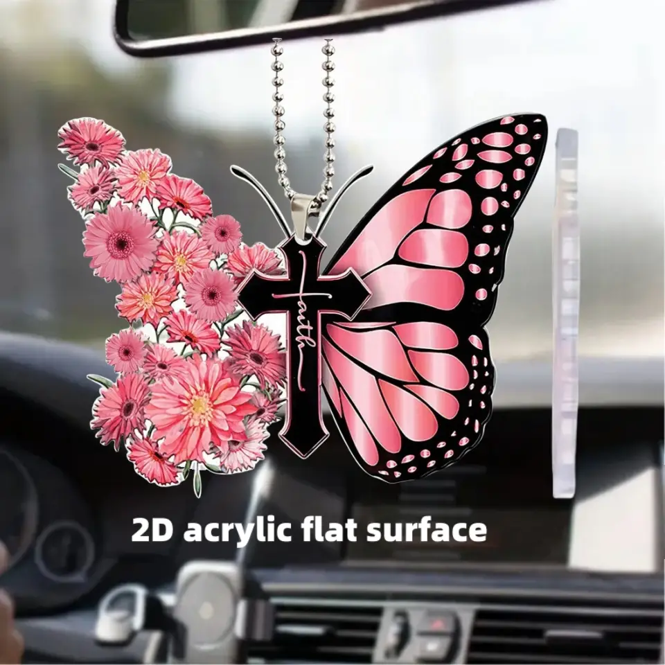 Car Decorative Pendant, Butterfly Cross Car Ornament, Acrylic Hanging Decoration with Chain, Key Chain Accessory For Car Rearview Mirror Home Decor
