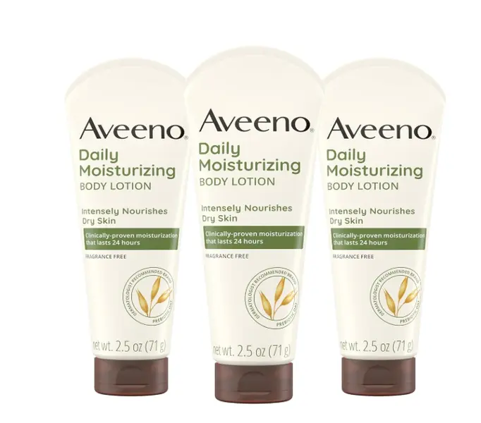 Aveeno Daily Moisturizing Body Lotion, Gentle Lotion Nourishes Dry Skin with Moisture, Sooth-ing Prebiotic Oat, Fragrance-Free, Non-Comedogenic, Travel-Size, 2.5 fl. oz, 3 Pack
