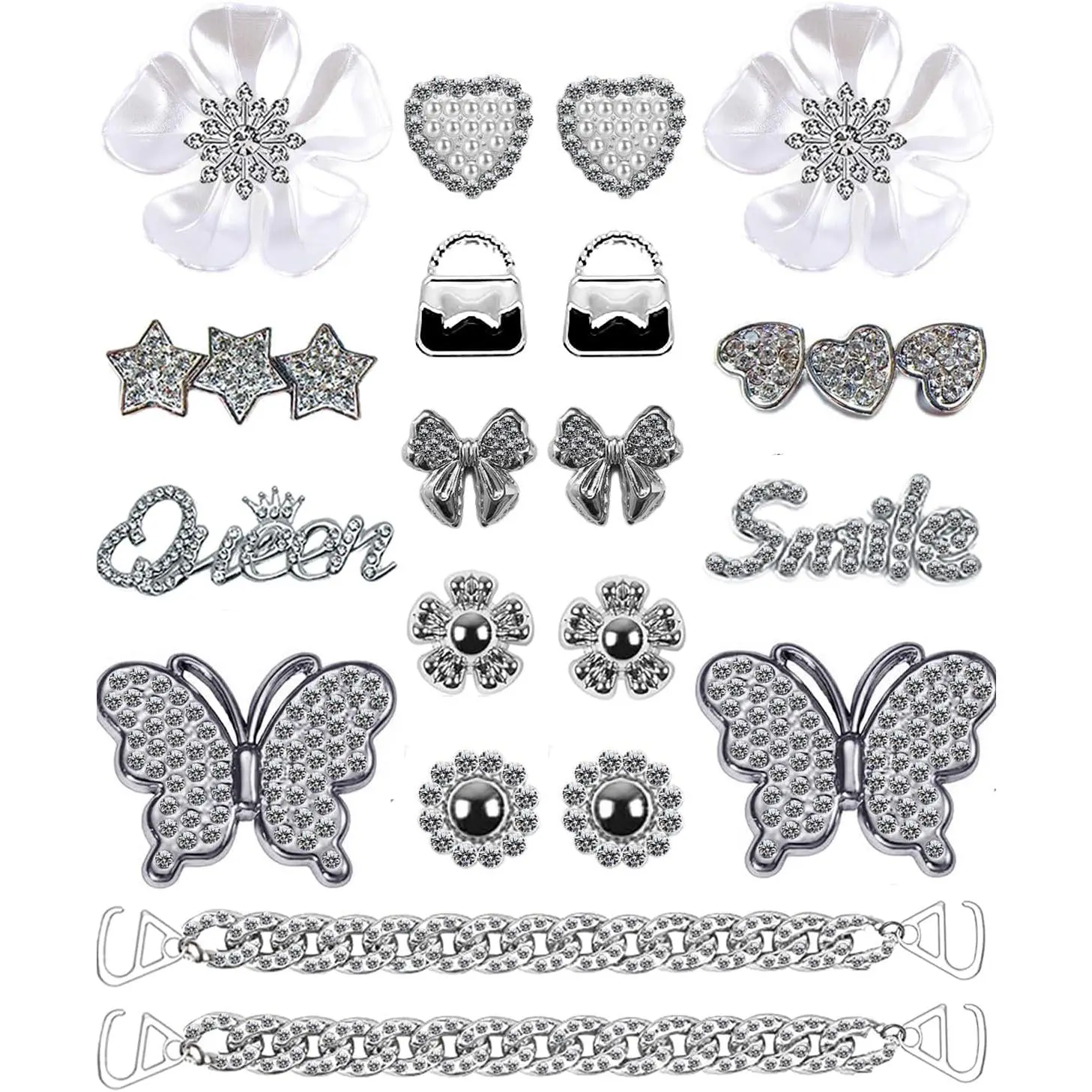 Shiny Shoe Charms, 20-Piece Bling Jewelry Set for Women with Chains, Butterfly, Flower & Letters, Resistant-to-Falling-Off Lightweight Resin Decorations for Clogs, Slides, Wristbands, Beach, Sweet, Sparkly Charm, Footwear, Casual, Cute, Sparkle, Colorbloc