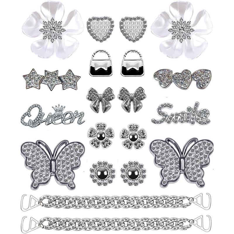 Women's 20-Piece Rhinestone Shoe Embellishment Set - Cute Shoe Decorations, Rhinestone Accessories, 18pcs Floral/Butterfly/Letter Charms, Lightweight Bling Chains, Colorblock Attachments for Clogs, Beach Use, Birthday Gifts