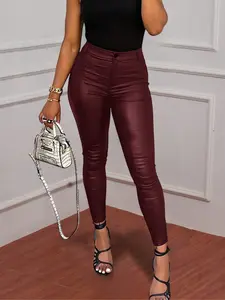 Women's High-Waisted PU Leather Skinny Pants, Solid Color Party Wear, Tight-Fitting Design, Stylish, Aesthetic & Comfortable Fit