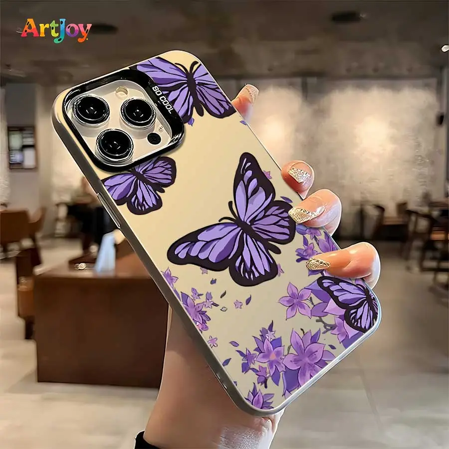 Shockproof Smartphone Case - Elegant Fresh Trendy Protective Cover with Purple Butterflies, Minimal Floral Illustration for iPhone 12,13,14,15,16,16 Plus,17 Pro Max - Handheld Cellphone Protection, Ideal Birthday Holiday Gift, Casing