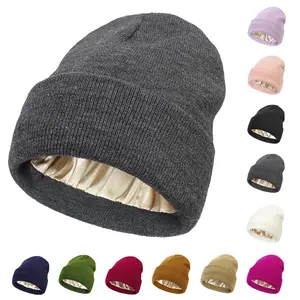 Satin Lined Winter Beanie Hats for Women Men, Silk Lined Beanie Knit Soft Warm Cuffed Beanies Crochet Slouchy Skull Cap