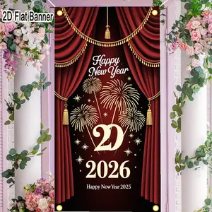 2D flat banner, 1pc2026 New Year Themed Backdrop, Red Theater Curtain Gold Tassel Decor with Happy New Year Fireworks Stars for Festive Party Decorationsgalentines party decor, valentine day decor, decorations for valentines day