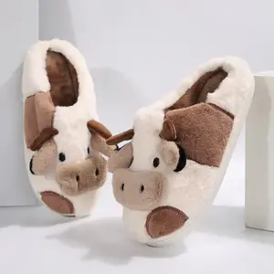 Fuzzy Warm Cow Slippers Slides for Women Men House Slippers Likable Handy Cartoon Animal Shape Kawaii Sandals Women Home Indoor Outdoor