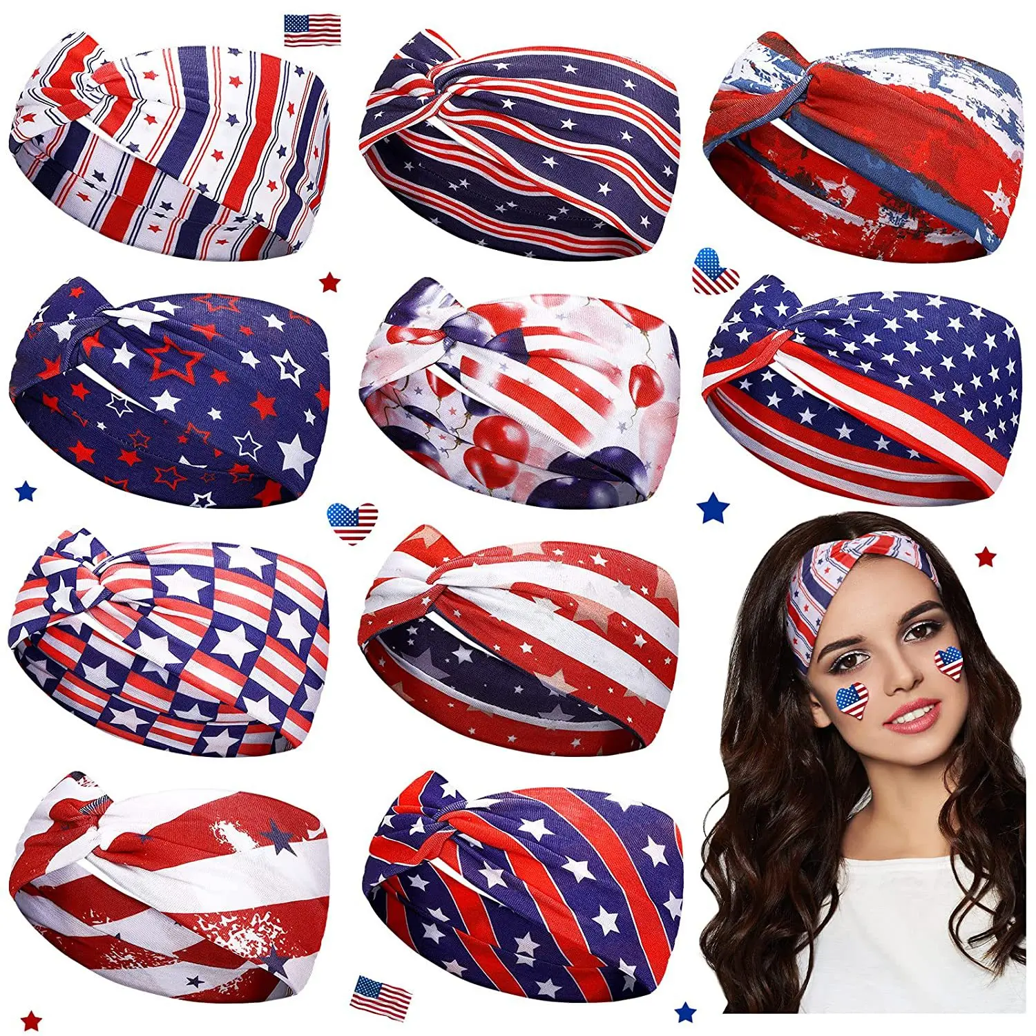 American Flag Independence Day Stars Retro Knotted Sweat-Absorbing Yoga Running Sports Decorative Party Headband(5pcs)