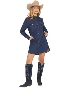Wrangler Women's Dark Wash Long Sleeve Western Denim Mini Shirt Dress - 112373761