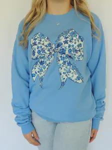 Daughter Of The King Blue Floral Bow - Crew Neck in Carolina Blue