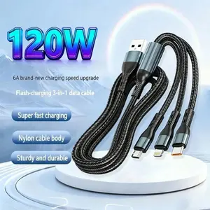3-in-1 Lightning/Type-C/Micro USB 6A 120W Fast Charging Data Cable, Compatible with iPhone