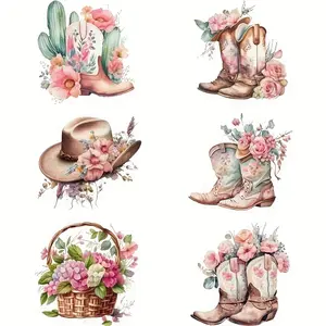 Western Cowboy Boot Style Iron-On Transfer Stickers, Vinyl Material DIY Washable Heat Press Design, Customization Options, Plant Floral Pattern Clothing Decorations, Diy Flower Decor