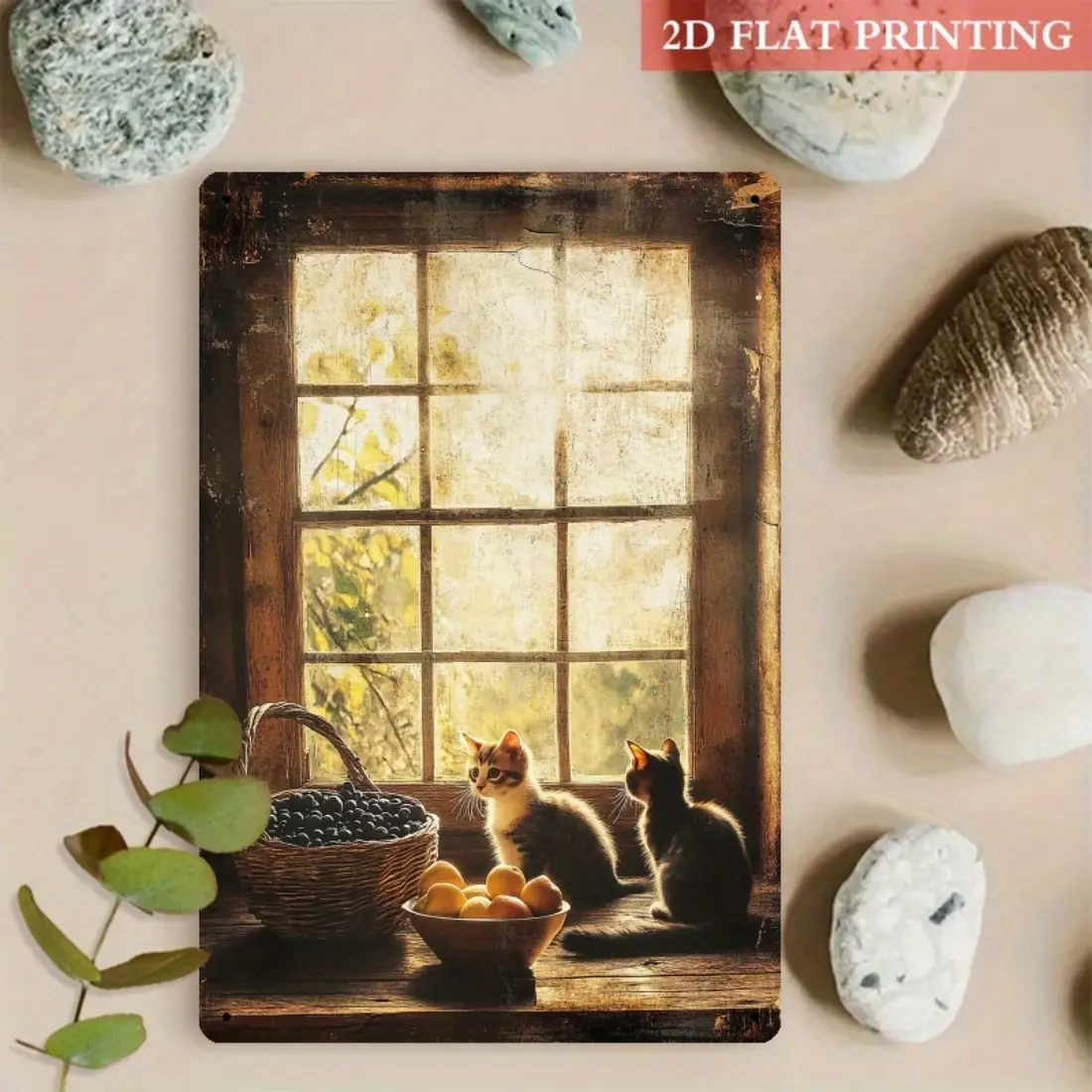Window Cats 2D Sign: Rustic 8x12 Inch Decor