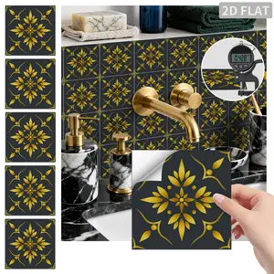 24PCS/Box FHZ Black & Gold Luxury Floral Peel and Stick Wall Sticker, PET Matte Waterproof Oil-Proof for Kitchen, Bathroom, Furniture