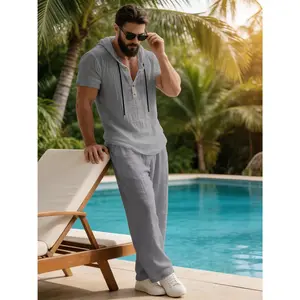 Men's 2-Piece Breathable Linen Hooded Sports Clothing Set - Short-Sleeve Plain Top & Wide Leg Trouser, Casual Daily & Vacation Wear