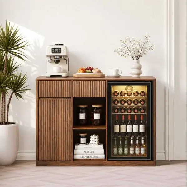 51" Coffee Bar Cabinet with Fridge Space, Fluted Mini Fridge Cabinet with Storage/Charging Station, Wine Liquor Cabinets with Glass Holder, Buffet Sideboard Table for Home Bar (Walnut)