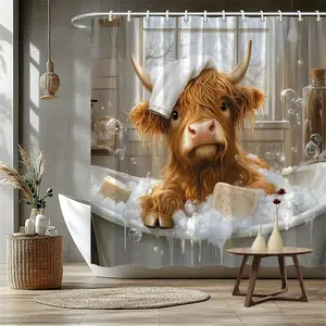 Highland Cow in Bathtub Bath Curtain - Cute Cow with Towel on Head & Expressive Eyes, Rustic Bathroom Scene with Window & Toiletries, Realistic Whimsical Style, Durable Polyester Fabric, 12 Hooks, Home Decor & Moving Gift, Highland Cow Bathroom Decor