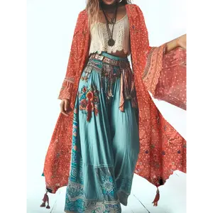 Coast Blend Threads Women's Boho Floral Print Long Sleeve Cardigan - Batwing Sleeves & Asymmetrical Hem, Semi-Sheer Blue Orange Beige Lightweight Sweater for Spring Summer Fall, Machine Washable Bohemian Outerwear, Sweatshirts for Women, Ca