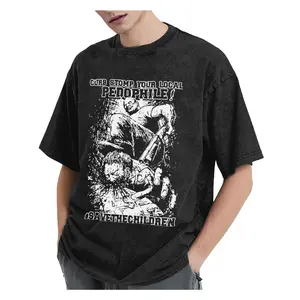 [Vintage Wash]230g Pure Cotton  "CURB STOMP YOUR LOCAL PEDOPHILE" Oversized Drop Shoulder T-shirt with Washed, Acid Wash, Retro Street, Loose Hip-hop,100% Cotton Fabric,fashion round neck,short sleeve shirt ,T-Shirt for Men.