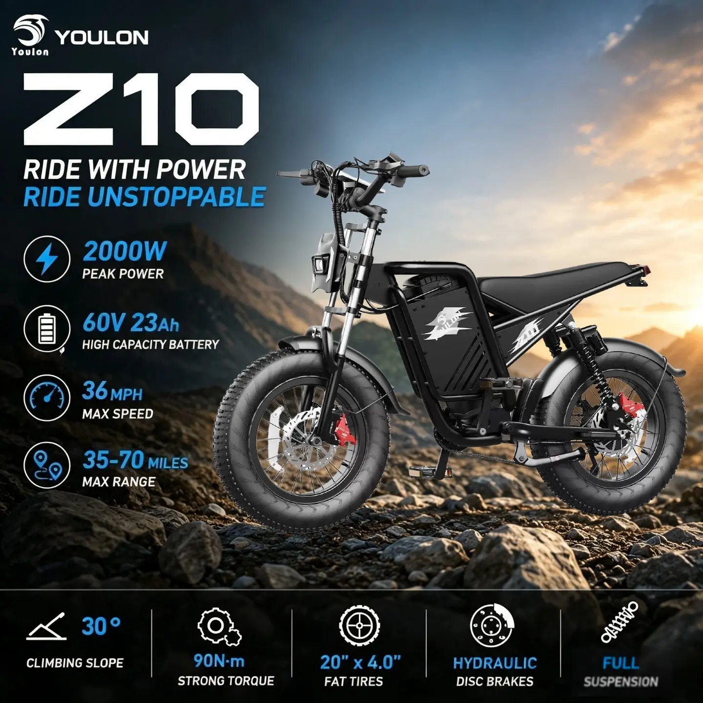 【Z10】YOULON 2000W Electric Bike for Adults, 60V 23Ah Battery, Dual Hydraulic Disc Brakes, 20” Fat Tire All-Terrain Off-Road E Motorcycle, Full Suspension, 36MPH Long Range E Dirt Bike tiktokshopspringglowup