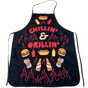 Chillin and Grillin Apron Funny Backyard Summer BBQ Kitchen Smock Funny Graphic Kitchenware Bakeware Funny Food  Novelty Cookware Black