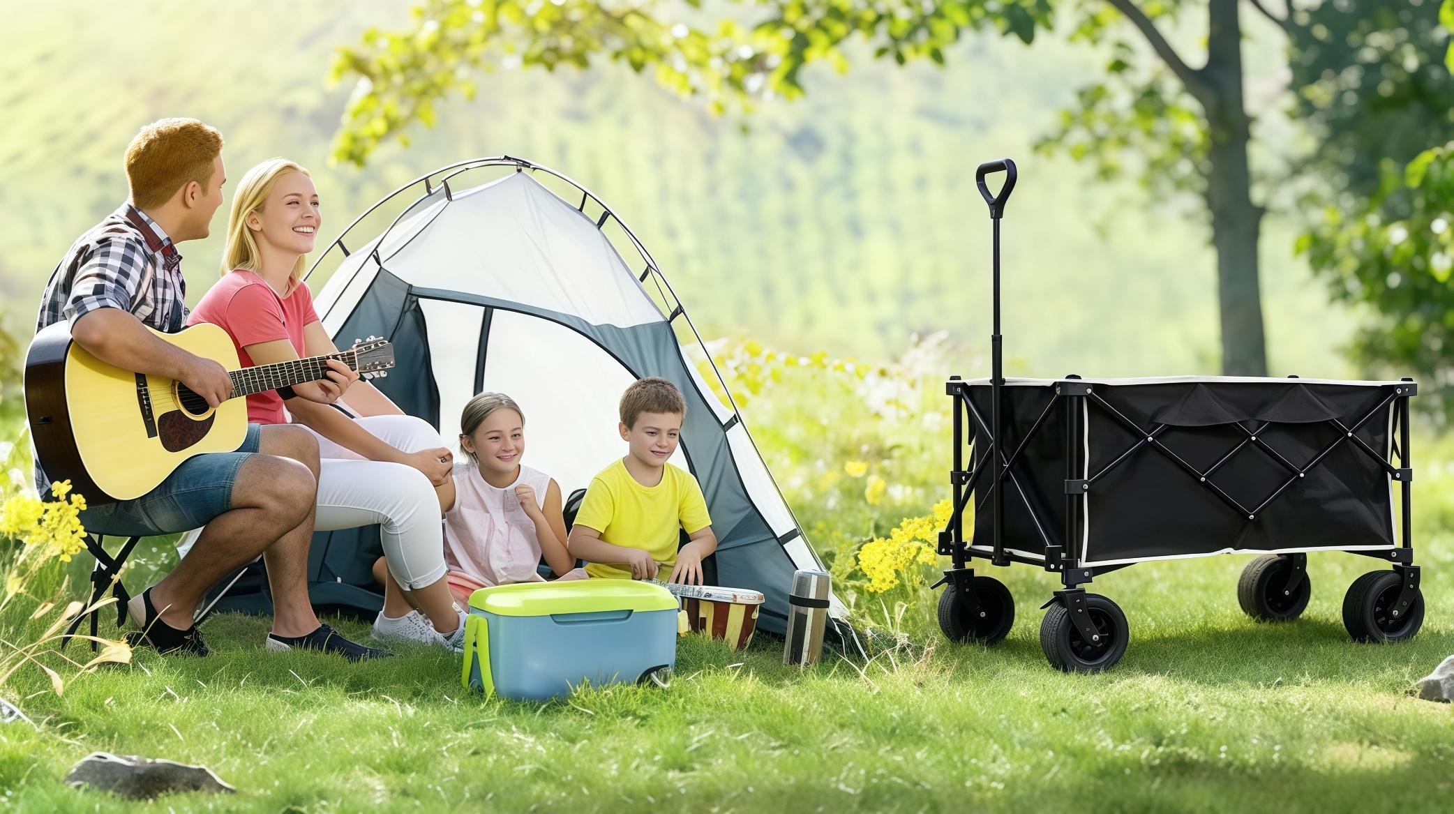 Extra Long Beach Cart with All Terrain Large Capacity Portable Utility,330lbs Capacity,Lightweight Portable Utility Folding Wagon Cart Foldable Utility Cart with Durable Steel Frame & Black Oxford Fabric for Shopping Camping Sports Garden