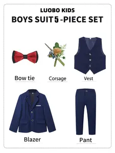 Boys' suit 5-piece set (jacket + waistcoat + pants + bow tie + corsage) | Suitable for toddlers / children / teenagers. Perfect for weddings / graduation ceremonies / formal church occasions. Stylish and slim-fitting. Ideal gift choice (shirt not included
