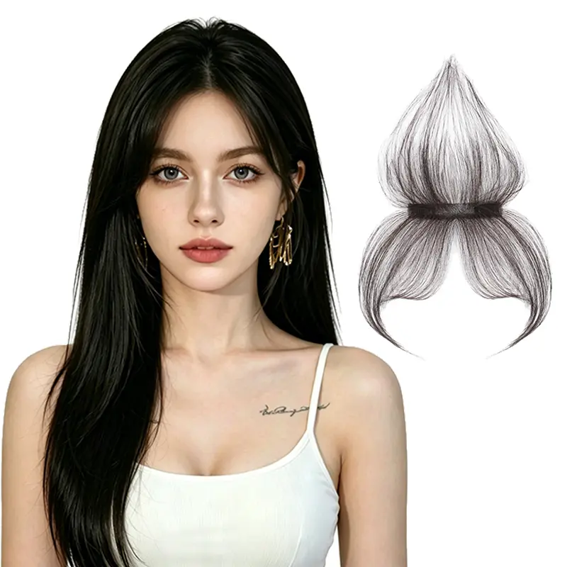 Women's human hair clip in bangs hairpiece, stylish fringe style, easy to wear, natural and realistic, suitable for daily wear for women with high hairline, instantly transforms you into a fashionable girl