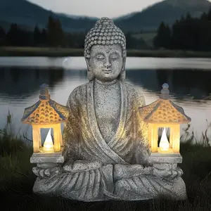 Solar Buddha Statue with LED Lanterns | Outdoor Garden Decor for Patio/Backyard Zen Vibe