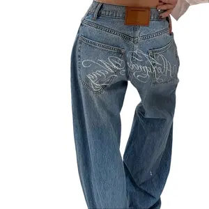 Vintage Light Wash High Waisted Baggy Jeans, Y2K Rhinestone Embroidered Wide Leg Denim Pants, Retro 90s Streetwear, Loose Fit Casual Trousers for Women